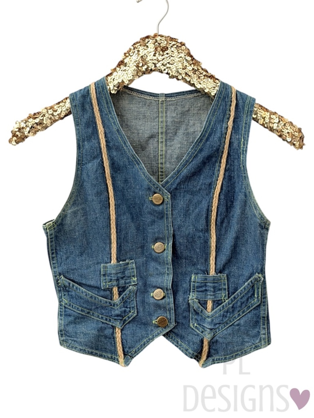 Vintage Bonjour Denim Vest Braided Trim Western Boho XS